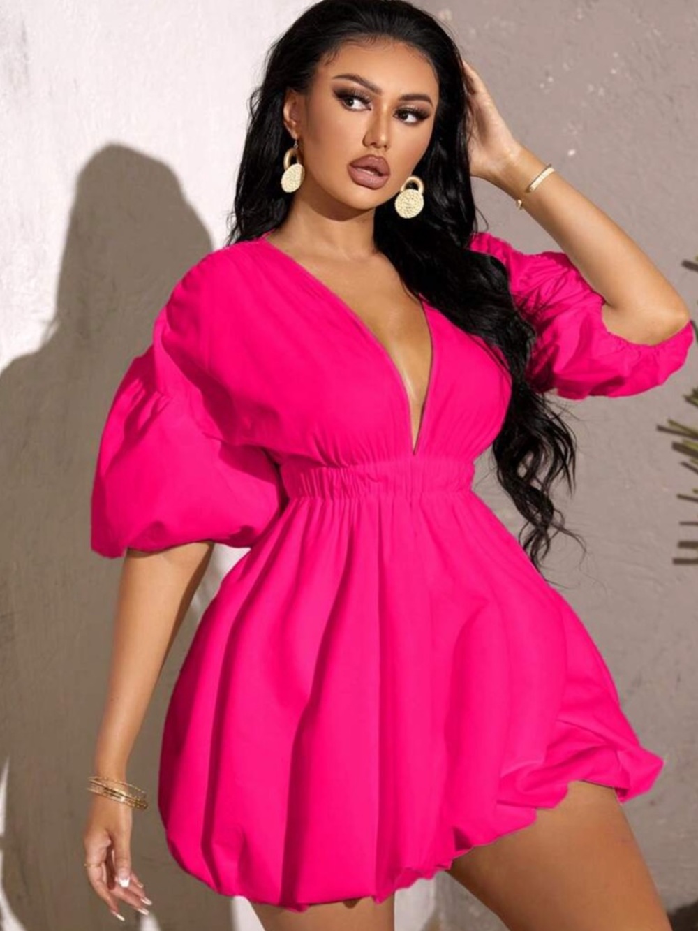 Hot Pink Puff Sleeve Deep V Mini Dress - S - Picture 5 of 5
